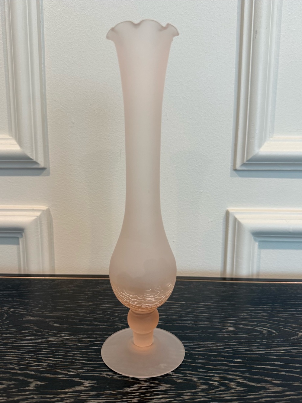 Vintage Pink Frosted Fluted Vase Ruffled Top Crackle Glass
